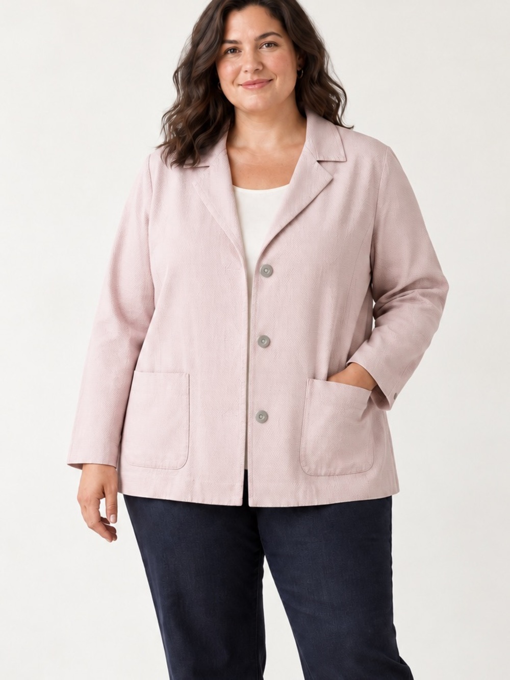 Eileen Fisher Woman Blush Pink Textured Cotton Snap Jacket 2X
